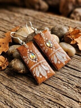 Handpainted Brown Rectangular Drop Earrings with Crystal Accent -
